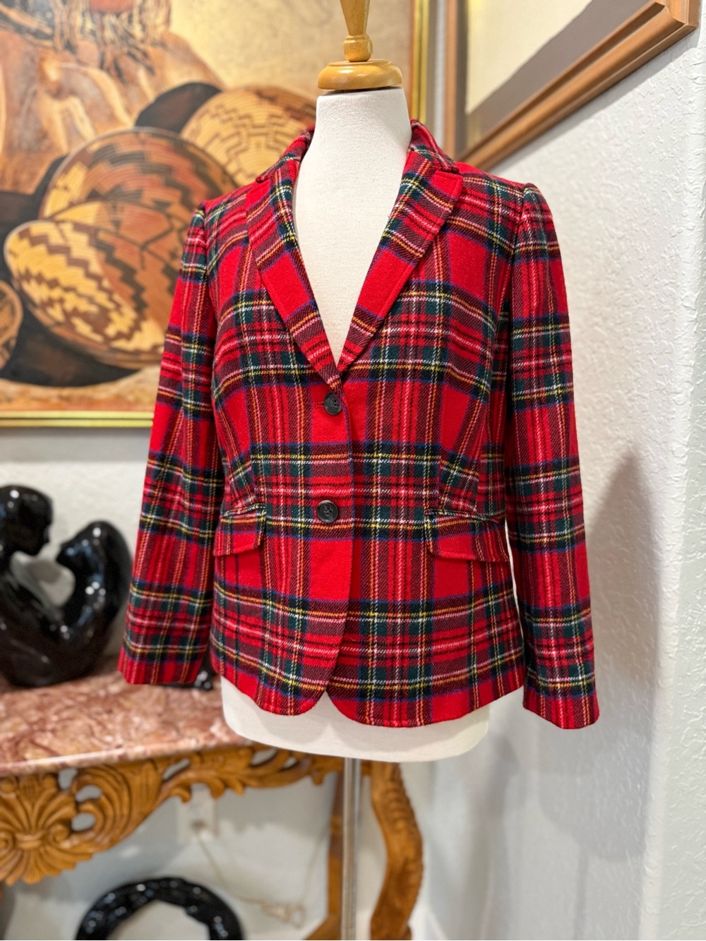 NWT Wool Talbots Red Plaid Tailored Blazer with Notch Lapel